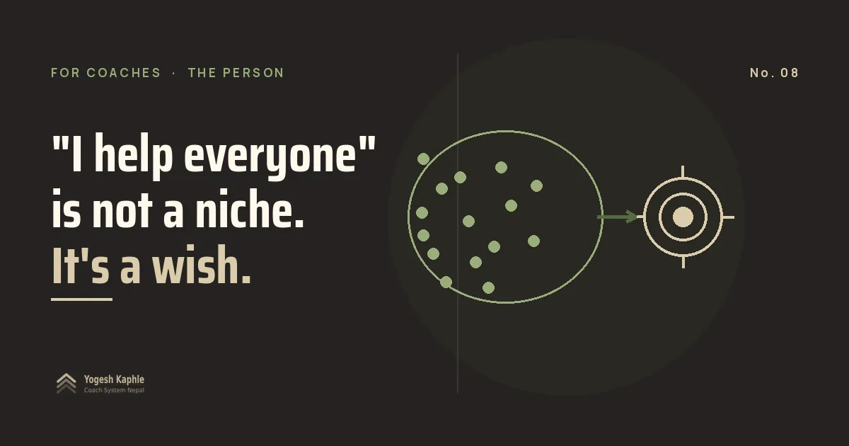 A wide net over a scattered crowd catches no one, while one person sits centered in a target, showing what happens when you niche down as a coach.